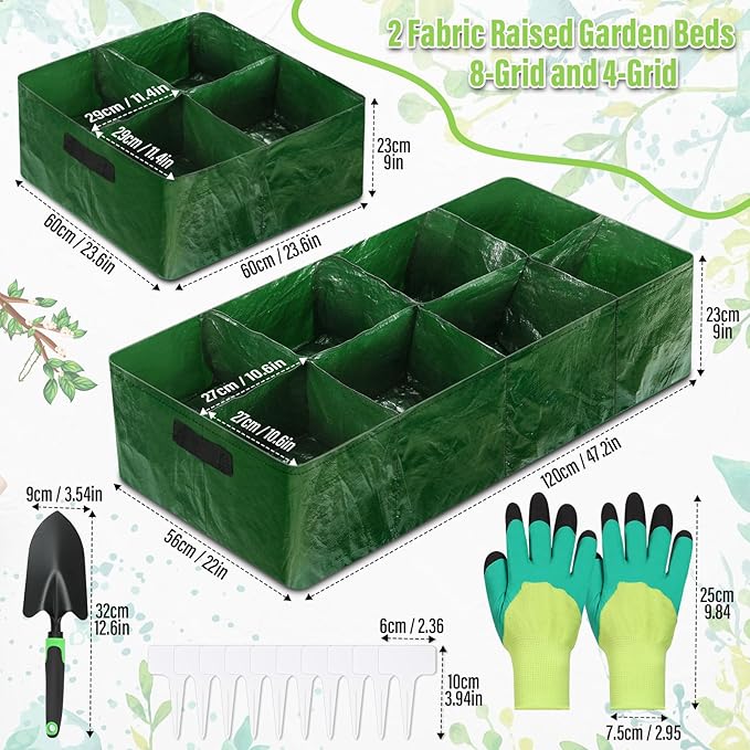 Fabric Raised Garden Bed, 2 Pack 8 Grids and 4 Grids, 128 Gallon Rectangle Grow Bags with Drainage Holes, Breathable PE Planting Containers for Outdoor Vegetables Fruits Flowers LifeisLuck