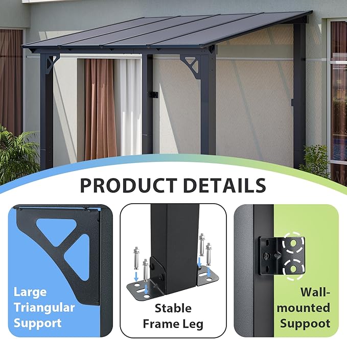 Aoxun 8’x 5’ Premium Gazebo with Aluminum Top Frame & Polycarbonate Panel, Wall Mounted Gazebos Pergola, Outdoor Patio Lean to Gazebo, Awnings with Sloped Roof, for Backyard, Porch, Deck Aoxun