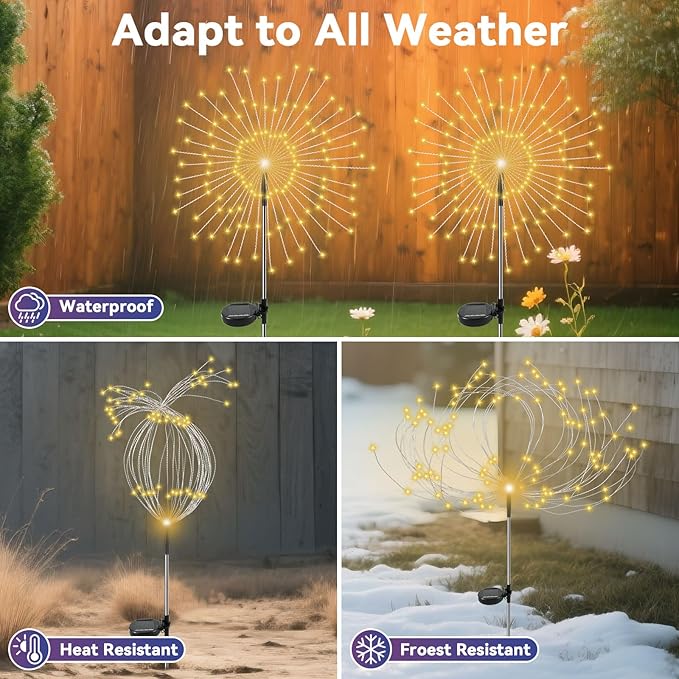 Garden Outdoor Lights, 2 Pack 120 LED Solar Garden Lights Fairy Lights Outdoor Waterproof Decorative Solar Firework Lights for Yard Patio Pathway Flowerbed Party Wedding Decor, Warm White Slyuexu
