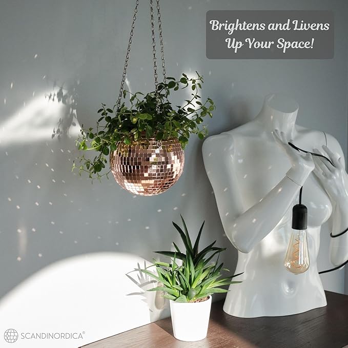 SCANDINORDICA Disco Ball Planter – Value Package: Mirror Disco Planter with Chain, Macrame Hanger and Acrylic Stand for Desk, Includes Self Watering Insert, Quirky Gifts | 6 inch Rose Gold SCANDINORDICA