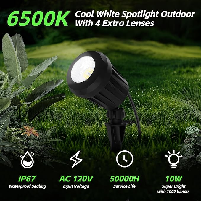 Spotlight Outdoor – 120V Plug-In, 6500K Cool White LED Landscape Lighting with RGB Purple 4 Color Lenses for Yard, Garden, Lawn & Tree Decor on Holidays&Everyday, IP67 Waterproof (2 Pack,Black) Holeva