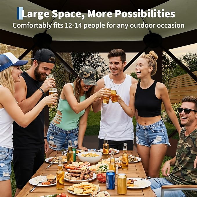 13x13FT 6-Sided Pop Up Gazebo Tent，One-Push Setup Canopy Tent with Removable Canopy Top & Wind Cloths, Outdoor shelter for Camping, Backyard Parties, Outdoor Events - Beige & Khaki GarveeLife