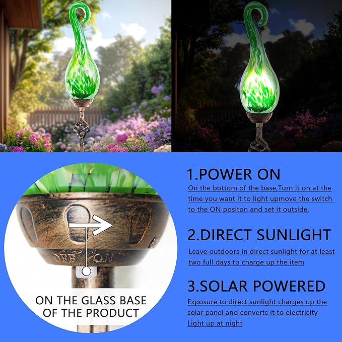 Garden Solar Lights Outdoor, Decorative LED Pearlized Glass Spiral Garden Stake with Finial, Hand Blown Glass and Metal Outdoor Decoration, 3 x 36 Inch (Green) Rootora