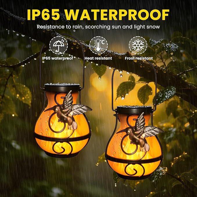 2 Pack Solar Lanterns Outdoor Waterproof, Hanging Hummingbird Flickering Flame Light Garden Decor Hanging Lights Decorative for Outside Patio Pathway Yard Christmas Birthday Gifts Rootora