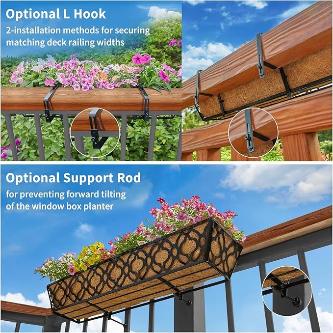 Y&M 30 inch Window Planter Box 4Pcs Iron Window Deck Railing Planter with Coco Liner, Metal Horse Troughs Fence Planter for Outdoor Balcony Rail Fence Porch Patio YM