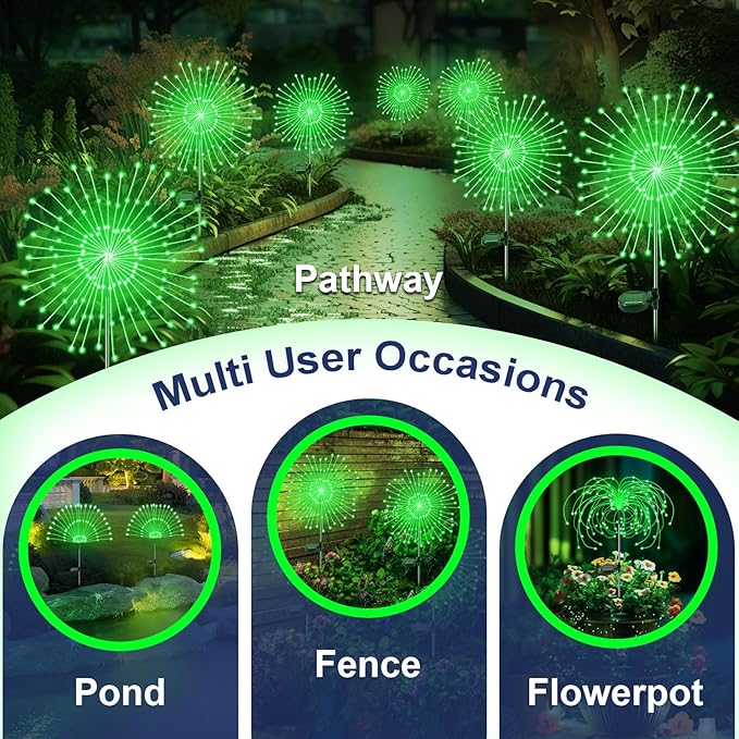 Solar Garden Lights Outdoor, 2 Pack 120 LED Twinkling Firework Lights Decorative with 2 Modes, Outdoor Waterproof Solar Starburst Light for Outside Yard Pathway Garden Decor, Green Yaafen
