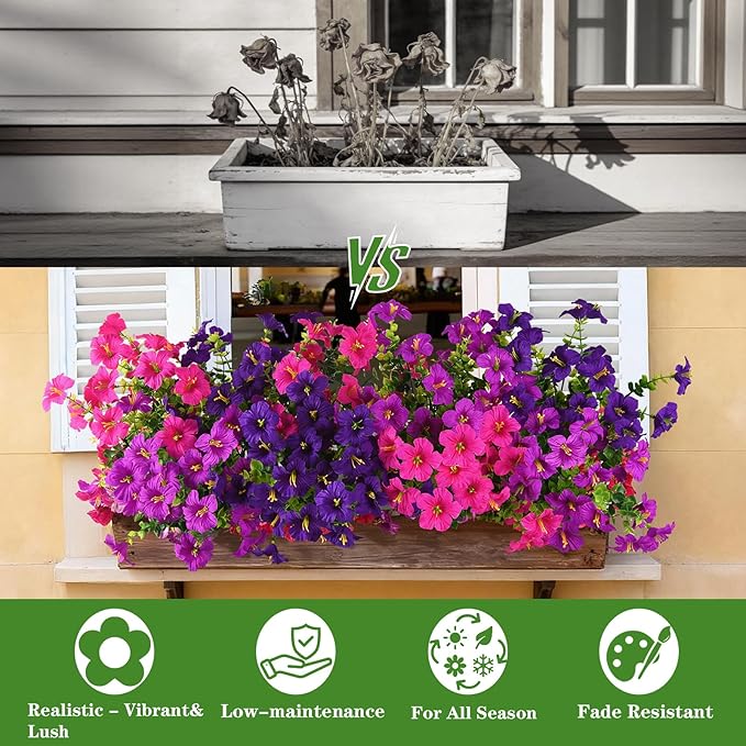INQCMY Artificial Flowers for Outdoors Fake Plants Spring Decoration, 12 Bundles Faux Petunias UV Resistant No Fade Realistic Silk Flower for Outside Planters Patio Porch Yard Window Box INQCMYPlantRack