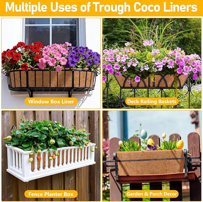 Riare 2 Pack 30 Inch Rectangle Coconut Liners for Planters, Natural Coconut Fiber Planter Liners, Window Box Liner Trough Coco Liner for Outdoor Flower, Garden Wall, Deck & Fence Planter Boxes Riare