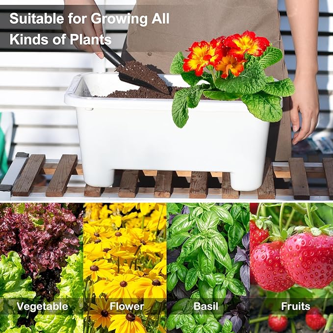 Self-Watering Rectangle Planter Boxes 8-Pack, 15.7-Inch Window Box Planter with Drainage Holes & Trays, Pots for Vegetables, Herbs, Flowers, Garden Windowsill Balcony (White) Oliz