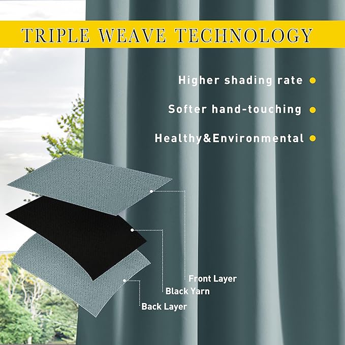 NICETOWN Outdoor Curtains for Patio Waterproof 108 inches Long 2 Panels, Windproof Thermal Insulated Top & Bottom Grommet/Back Tab Privacy Drapes with Rope for Fixed, Greyish Blue, W52 x L108 NICETOWN