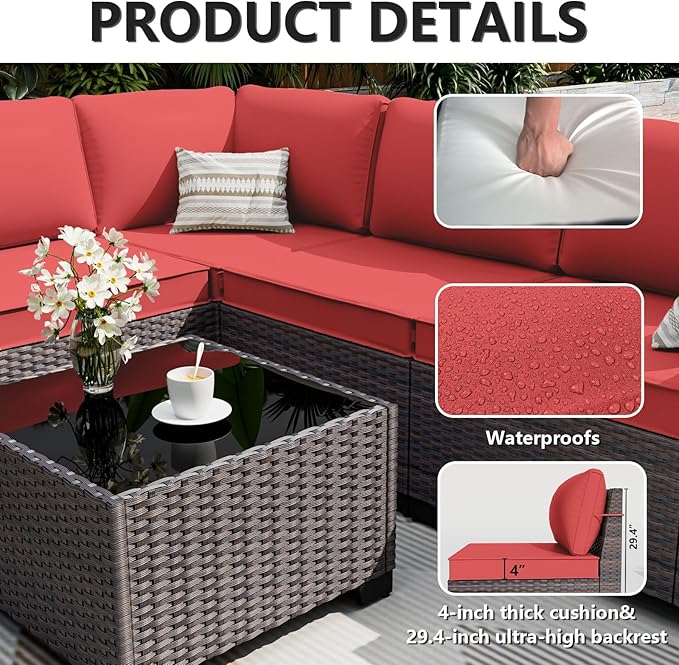 ALAULM 6 Pieces Patio Furniture Set, Oversized Seat/Armrest and High Back Wicker Sectional Furniture Set with Thick Cushion for Backyard, Garden, Red ALAULM