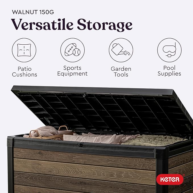 Keter Signature Collection 150 Gallon Resin Deck Box Organization and Storage Box for Patio Outdoor Cushions, Throw Pillows, Garden Tools and Pool Supplies, Walnut Keter