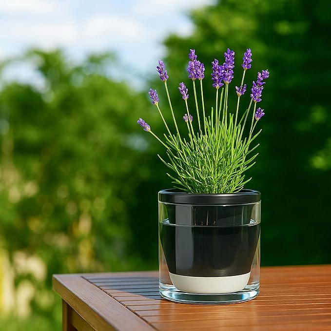 D'vine Dev 6 Inch Design Self Watering Planter for Indoor Plants, Black Terracotta Pot with Cylinder Glass Cup, 37-X-B-3 DvineDevPlanterPotsandStand