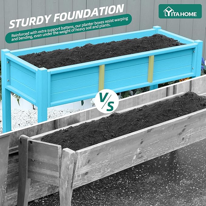 YITAHOME Raised Garden Bed HDPE, 47x18x31In Raised Flower Bed Poly-Wood Weather-Resistant Elevated Planter Box with Lockable Wheels for Vegetables, Aruba Blue YITAHOME