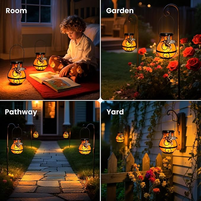 2 Pack Solar Lanterns Outdoor Waterproof, Hanging Hummingbird Flickering Flame Light Garden Decor Hanging Lights Decorative for Outside Patio Pathway Yard Christmas Birthday Gifts Rootora