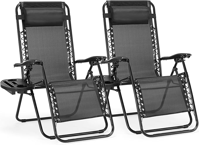 NEWBULIG Zero Gravity Chair Set of 2, Lounge Chair Folding Portable Adjustable Camping Reclining Chairs with Adjustable Pollow, Mesh Back, Cup Holder Trays Lawn Patio Chair for Pool Beach - Black NEWBULIG