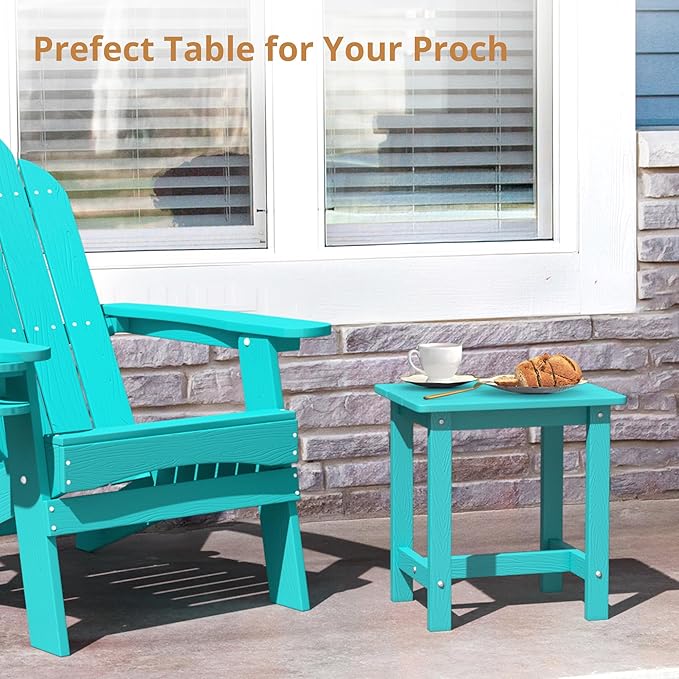 LUE BONA Outdoor Side Table, HDPS Small Outdoor Table, Adirondack Side Table, Outside End Table for Patio, Porch, Deck, Weather Resistant/Easy Maintenance/Indoor or Outside Use, Aruba Blue LUEBONA
