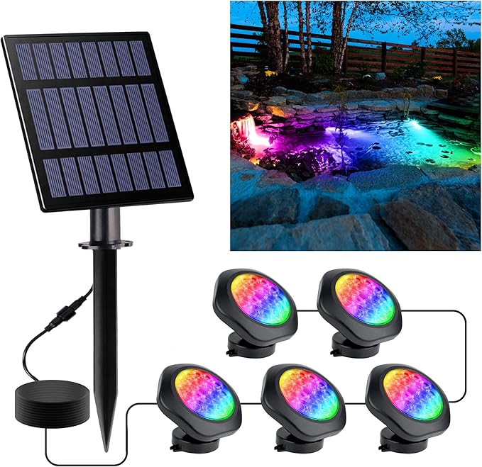 Solar Pond Lights, 18 LED Super Bright RGB LED Underwater Spotlights Color Changing Submersible Pond Light IP68 Waterproof Fountain Lights for Fish Aquarium Tank Garden Yard Pool (5-in-1) CREPOW