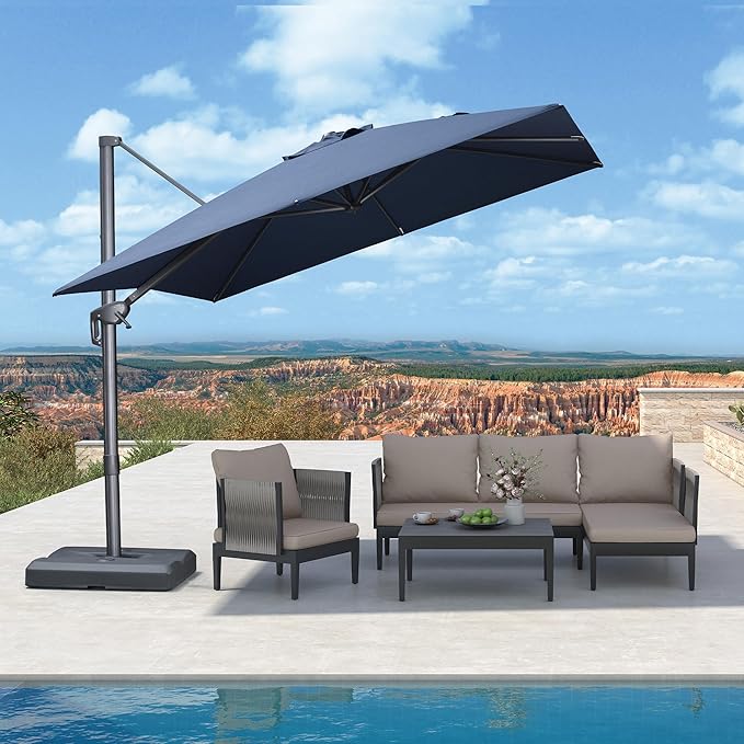 PURPLE LEAF Patio Umbrella 9' X 9' Rectangle Cantilever Umbrella Large Aluminum Outdoor Umbrellas with 360-degree Rotation & UPF40+ Premium Fabric for Deck Pool Garden Yard, Ocean Slate Rootora