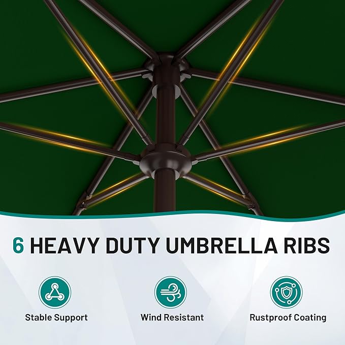 AreShark 7.5FT Patio Umbrella Table Market Umbrella with 6 Sturdy Ribs, Button Tilt/Crank, Heavy-Duty Outdoor Umbrellas for Pool, Deck, Garden and Backyard, Dark Green Rootora