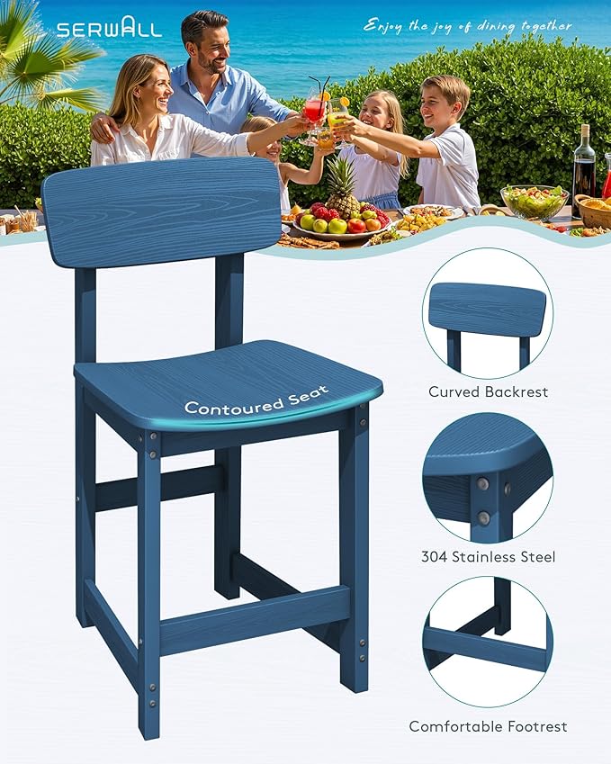 SERWALL 3-Piece Outdoor Counter Height Bar Set, HDPE Patio Bar Table with Wine Rack & Storage Shelf, 2 All-Weather Bar Stools, Patio Bar Dining Furniture Set for 3, Blue SERWALL