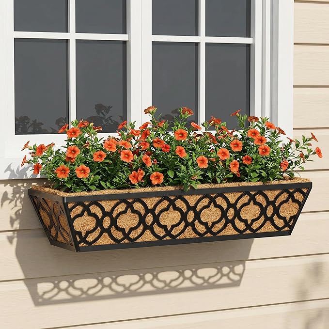 Y&M 24in Window Planter Box 4Pcs Iron Railing Planter with Coco Liner for Outdoor Balcony Rail, Fence, Porch, Patio YM