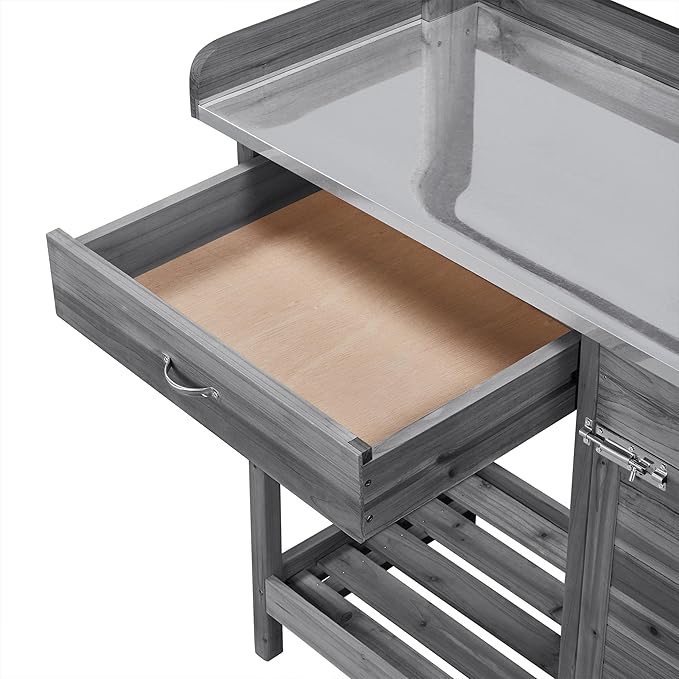 Yaheetech Outdoor Potting Bench Table, Garden Workstation w/Metal Tabletop/Cabinet Drawer/Open Top/Lower Shelf/Handy Hooks for Horticulture,Gray Yaheetech