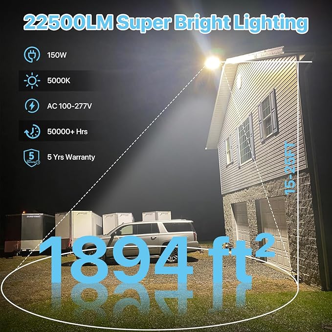 LED Parking Lot Light 150W - Motion Sensor Outdoor Lights UL Listed - 5000K 22500lm Led Flood Security Light with Photocell - Wall Mount Commercial Street Area Light for Yard Barn Garage - 100-277V HYPERLITE