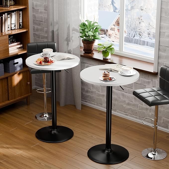 Flamaker Round Bistro Pub Table 23.6 Inch Height Adjustable 360° Swivel Bar Table Metal Base for Pub, Dining Room, Party (1, White-Black) Flamaker