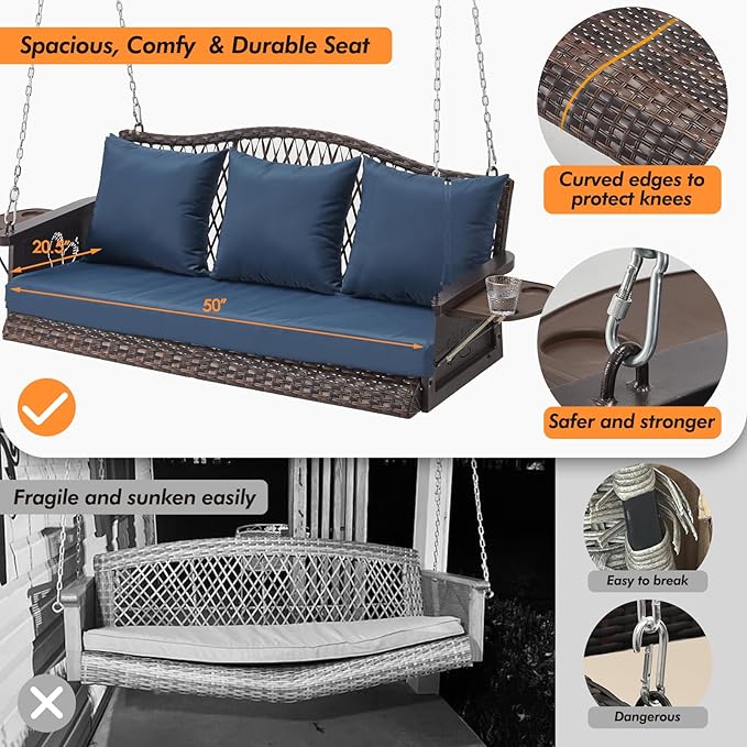 Upgraded Wicker Hanging Porch Swing Heavy Duty 900 LBS 3-Seat Outdoor Patio Swing Chair Bench for Adult w/ 8.9ft Hanging Chains Cushions and Cup Holder zzw