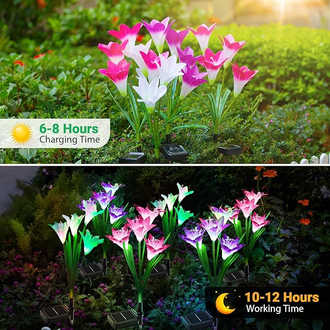 WdtPro Solar Outdoor Lights Garden Decorative 10 Pack, Waterproof Solar Garden Lights with 40 Lily Flowers, Multi-Color Changing Outdoor Solar Lights for Yard Outside Decorations WdtPro