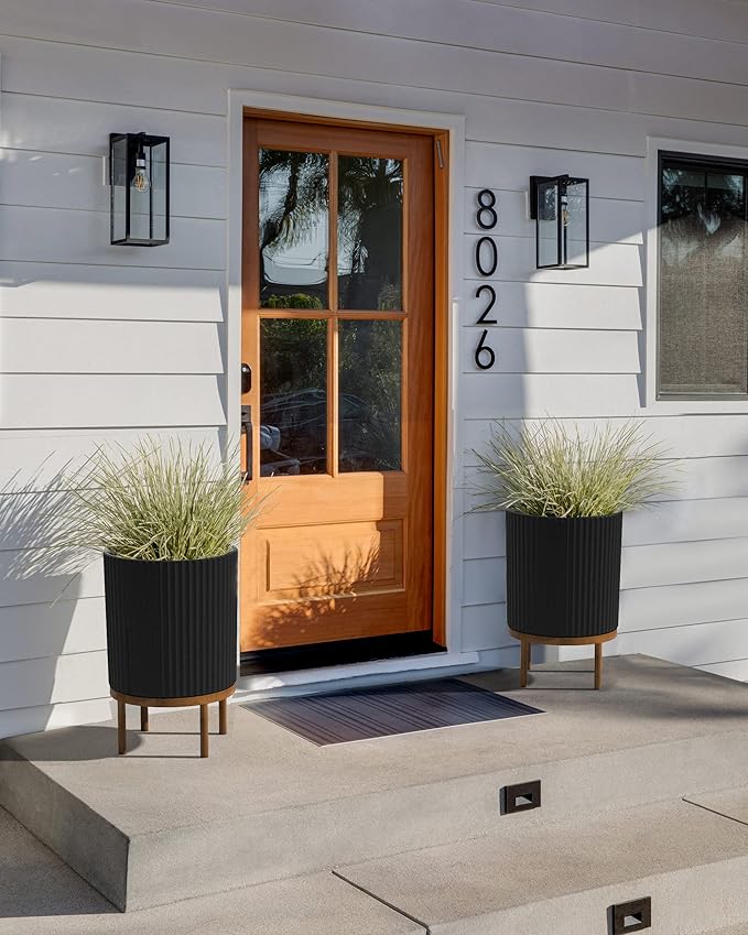 Veradek Demi Series Round Planter w/Stand for Porch/Patio | Durable Plastic-Stone Composite & Wooden Stand | Modern Décor for Tall Plants, Flowers VeradekOutdoor