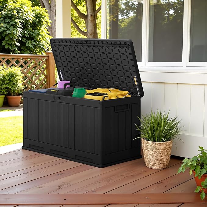 Devoko 90 Gallon Double-Wall Deck Box, Side Handles, HDPE Outdoor Large Storage Box Waterproof and Lockable for Patio Furniture, Garden, Pool (Black, 90 Gallon) DEVOKO