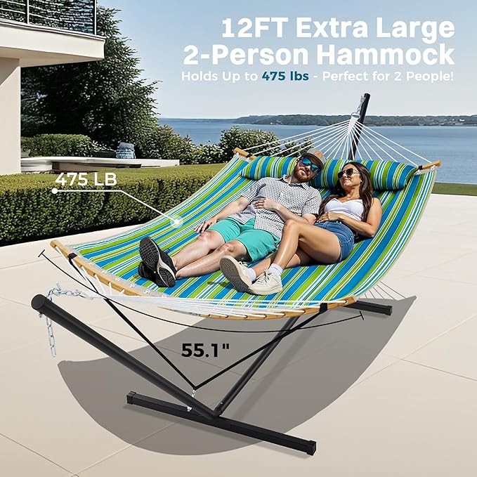 SUPERJARE Curved-Bar Hammock with Stand, 2 Person Heavy Duty Hammock Frame, Detachable Pillow & Portable Carrying Bag, Perfect for Outdoor & Indoor, Thin Blue and Green Stripes SUPERJARE