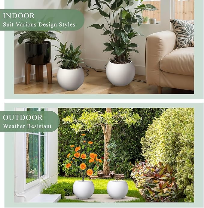 10 H x 14" Dia (10" Pot Opening) Round Fiberstone Planter with Drainage Hole, White, Indoor/Outdoor Large Plant Pot for Home Patio Garden, Ideal for Large Plants Panlaolao