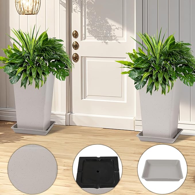 Set of 2 Tall Planter, 21 inch Large Plastic Planter with Drain Hole & Saucers, Large Outdoor Planters for Porch, Garden, Patio, Balcony(Light Gray) Neoaider