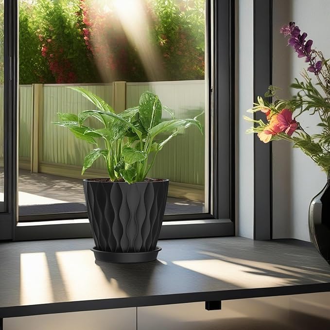 4 Inch Plant Pots, 6 Pack Indoor Flower Pots, Planters with Drainage Holes and Trays for Orchids, Violets, Succulents, Herbs, and Other Plants, Black SQKH