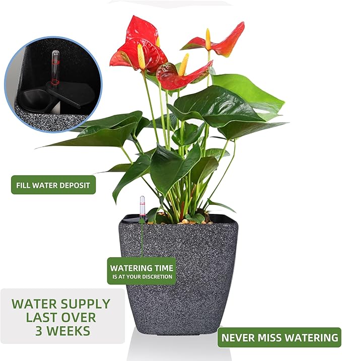 Dexceder 18x17 Self Watering Planter with Wheels Indoor Outdoor, Inner Mat Design, Thickened Large Floor Standing Flower Plant Pot with Water Level Indicator (Stone Matte) Dexceder
