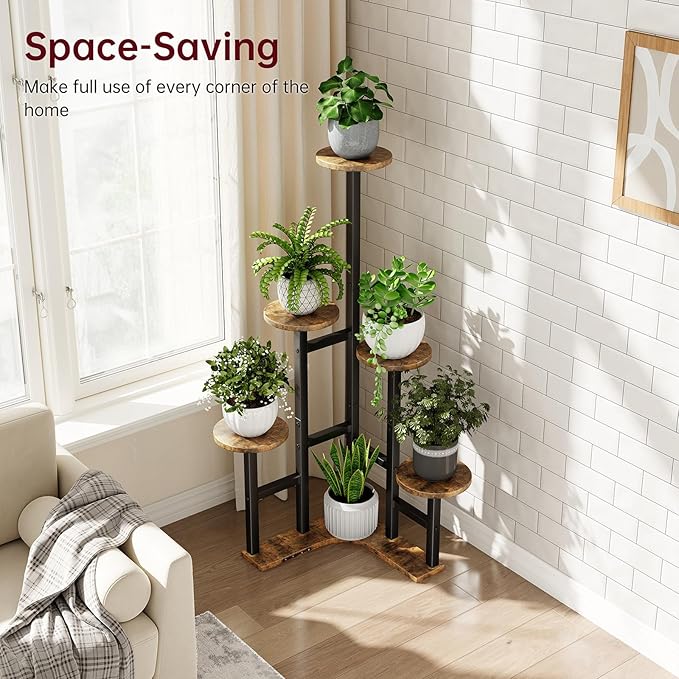 Corner Plant Stand Indoor, 6 Tiered Corner Plant Shelf Flower Stand for Multiple Plants, Plant Shelves Organizer Rack for Living Room, Balcony, Patio, Garden, Round Rustic Brown Yzosvki