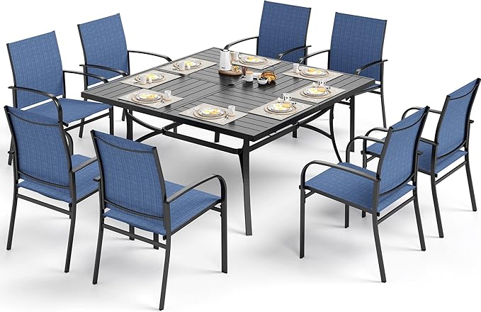 Patio Dining Set for 8, 60" x 60" Square Metal Table with Umbrella Hole, 8 x Stable Dining Chairs, Outdoor Table and Chairs Set for Lawn Backyard and Deck, Blue SUNSHINEVALLEY