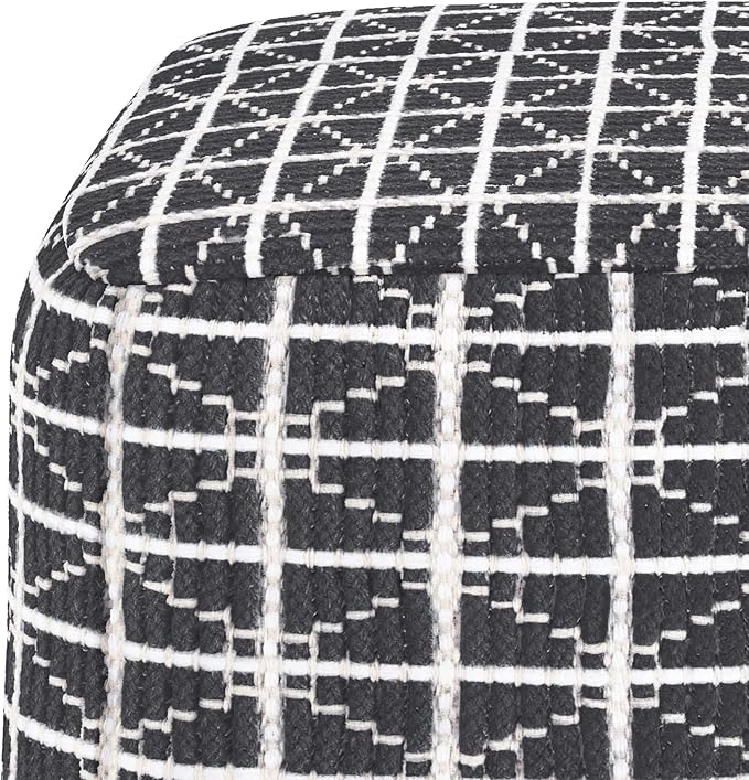 SIMPLIHOME Noreen Square Pouf - 18 inch Wide Upholstered Handwoven Cotton Ottoman in Slate Grey and White, Boho Footstool or Extra Seating for Living Room with Polystyrene Filling, Assembled SimpliHome