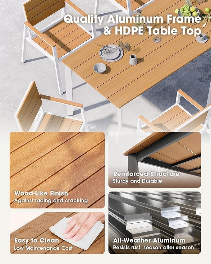Outdoor Patio Dining Set, Aluminum & HDPS 5 Piece Outdoor Table and Chairs Set with Umbrella Hole, Modren Rectangular Patio Furniture Set with All-Weather Table and 4 Chairs (White & Teak) ComfCove