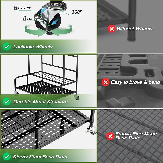 Garden Tool Organizer Rack with Wheels Up to 39 Tools, Heavy-Duty Steel Yard Tool Organizer for Garage Storage with 12 Hooks, Broom Holder & Garden Tool Rack for Shed, Patio, Outdoor Use, Black Sttoraboks
