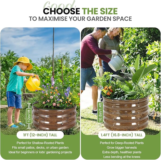 G GOOD GAIN Round Raised Garden Bed - 2x2x1.4ft Galvanized Steel Planter Boxes Outdoor with Rubber Edge Trim | Metal Raised Beds for Gardening Vegetables Flowers Fruits Herbs (Wood Grain) GGOODGAIN