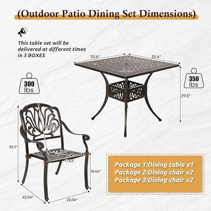 Cast Aluminum Outdoor Patio Dining Set, All Weather Outdoor Furniture Dining Set for Patio, Balcony, Lawn, Garden, Backyard (1 Square Table+ 4 Dining Chairs) Sumshadow