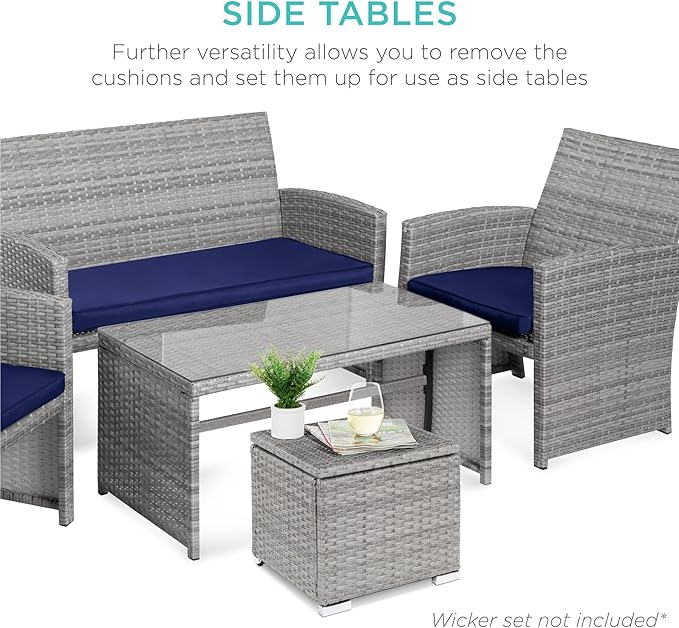 Best Choice Products Set of 2 Wicker Ottomans, Multipurpose Outdoor Furniture for Patio, Backyard, Additional Seating, Footrest, Side Table w/Storage, Removable Cushions - Gray/Navy BestChoiceProducts