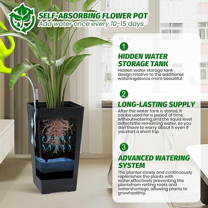 GarveeLife 22.5" Tall Planters Set of 2, Outdoor&Indoor Black Planter Pots, High Front Porch Planter Pots With Drainage Holes&Water Level Monitor&Inner Bucket, Automatic Watering, Black and White Dots GarveeLife
