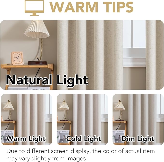 H.VERSAILTEX Linen Curtains 100% Blackout Curtains for Bedroom 108 inch Long Full Light Blocking Nature Linen Blended Window Curtains for Living Room Nickel Grommet (2 Panels, Heathered Linen) HVERSAILTEX