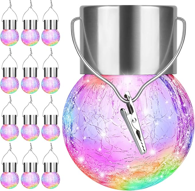 12Pack Outdoor Hanging Solar Lights - Cracked Glass Solar Lights Waterproof LED Decorative Ball Lights Tree Solar Powered Globe Lights with Hook for Garden Yard Fence Christmas Decoration, Multicolor BestChoiceforYourLife