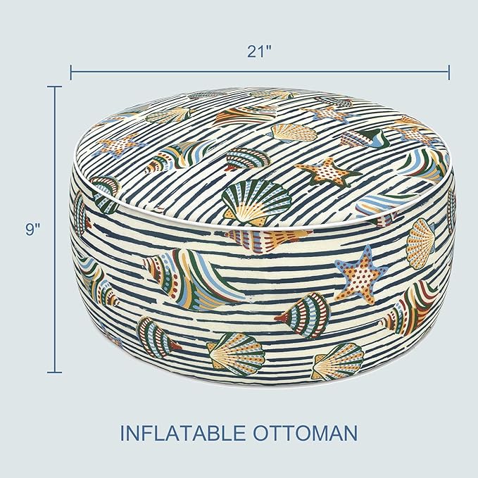 LVTXIII Indoor/Outdoor Inflatable Ottoman with Handle D21 x H9 Inch, Weather-Resistant Round Footstool Pouf for Patio Camping Living Room, Portable Footrest Extra Seating, Cabana Shells LVTXIII